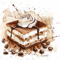 Wall Mural - A slice of tiramisu, watercolor with creamy and coffee splashes