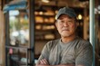 An elder male bakery owner stands with folded arms in front of his establishment