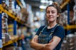 A mid-shot of a focused female warehouse worker with arms crossed and a resolute, determined stance