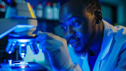 Aufkleber - In a dimly lit lab, a focused scientist studies samples under a blue-toned microscope, highlighting the intricate details of scientific research