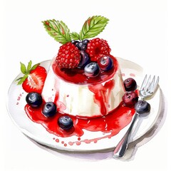 Wall Mural - Panna cotta, berry coulis, delicate dessert, watercolor,