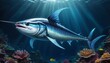 A sleek blue marlin swims gracefully in the ocean depths, sun rays filtering through the vibrant underwater scene. AI Generation