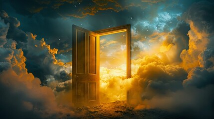 Wall Mural - the door open to the universe , center framed, yellow, clouds