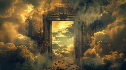 Wall Mural - the door open to the universe , center framed, yellow, clouds