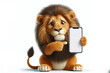 © Igor - funny Lion pointing on smartphone with white screen on white background