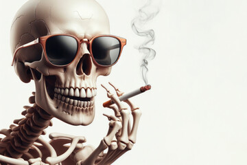 Wall Mural - Portrait of a skeleton smokes on a white background