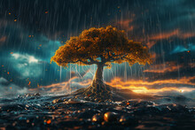 Craft An AI-rendered Scene Illustrating Loyalty As A Tree Standing Tall And Proud Amidst A Storm, Its Roots Firmly Planted In The Earth And Its Branches Reaching Towards The Sky. Vibrant Colors