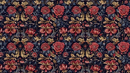 A floral patterned wallpaper with red flowers. The flowers are arranged in a way that creates a sense of depth and movement. Scene is one of elegance and sophistication, with the rich colors