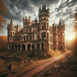 Abandoned Castle and Autumn Sunset. AI Generated