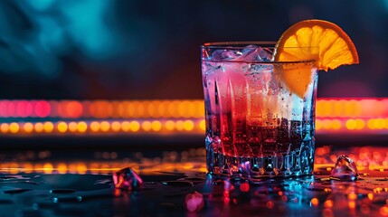 Wall Mural - A colorful cocktail in an elegant glass with ice cubes