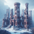 Ruins of an Abandoned Castle and Snowfall. AI Generated
