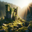 Sunset in a Rocky Forest and an Abandoned Castle. AI Generated