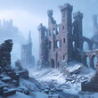 Snowfall and Ruins of an Abandoned Castle. AI Generated