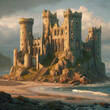 Abandoned Castle and Evening Sea Surf. AI Generated