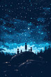 fantasy background with silhouettes of persons unter blue night sky