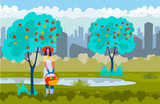 Fototapeta Abstrakcje - Female farmer picking apples. Young woman with basket gathering harvest faraway from city. Flat vector illustration. Farming, gardening, farmer life, autumn concept
