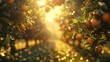 Earth Elemental Fruit, Radiates stability and grounded energy, A lush orchard in bloom with gem fruits growing on trees, Sunset, 3D render, Golden hour