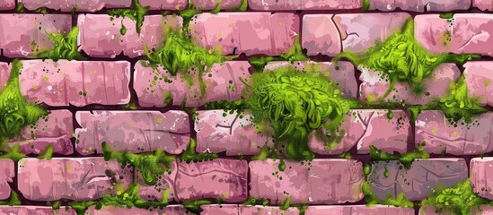 Sticker - The pink brick wall is adorned with green moss, resembling an artistic display of natures beauty. The mosscovered brickwork stands out among the terrestrial plants in the land lot