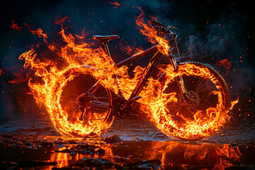 Poster - Bike that is on fire and is surrounded by fire.