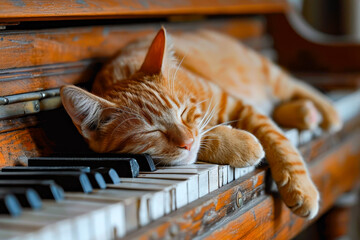 Poster - Orange tabby cat is sleeping on piano keyboard.