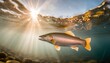 under water view of rainbow trout swimming with sun rays in the background