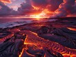 Hawaiian volcano, lava flowing, steam rising, fiery sunset in background Powerful and Elemental Wide Angle & High-Resolution Fiery Reds & Dramatic Skies 