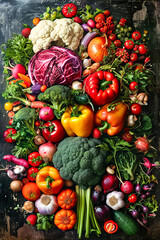 Sticker - Collage of various vegetables including peppers and broccoli arranged artistically.