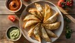 latin american fried empanadas with tomato and avocado sauces top view