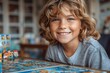 Young Boy Playing Board Game at Table