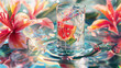 Close-up of a refreshing summer drink, sparkling with creativity, surrounded by surrealistic, vibrant flora