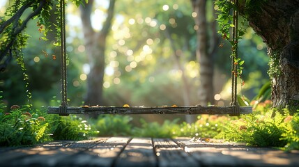 Old wooden terrace with wicker swing hang on the tree with blurry nature background 3d render