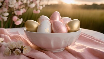 Wall Mural - a white bowl filled with lots of pink and white decorated easter eggs on top of a pink cloth covered table