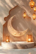 Ramadan Kareem season decoration with crescent Moon with stars in Arabic window shaped wall indentation and lighted Arabic lanterns. Beige shades.