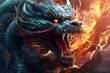 Mad dragon destroying the world angry reptile with a growl giving a death stare chinese dragon causes chaos and devastation on a flame background