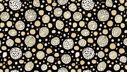 Wall Mural - seamless hand drawn small dense polkadot animal spots pattern in white on black background abstract aboriginal dot art motif or organic cellular texture in a trendy doodle line art or linocut style