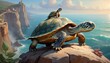 A sea turtle and its hatchling perch atop a seaside cliff, overlooking the ocean horizon, a picturesque moment that captures the bond between parent and offspring in the wild. AI Generation