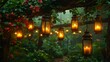  A cluster of lanterns dangles from a tree amidst a forest brimming with flowers and verdure under the moonlit sky