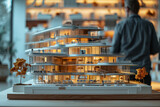 Fototapeta  - 3d model of a residential complex on a table, the architect in the background