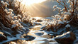 Serene winter landscape snow covered branches sunlight reflection