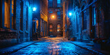 Fototapeta Fototapeta uliczki - In a mysterious, dimly lit alley of an ancient city, lanterns illuminate the narrow street.