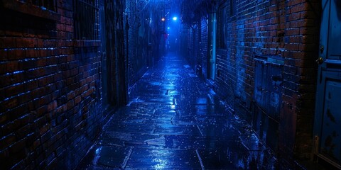 Wall Mural - In the eerie darkness, a narrow, rain-soaked alleyway evokes a sense of foreboding.