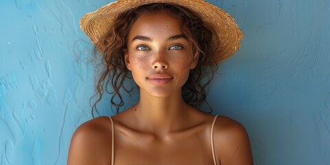 Wall Mural - In a cheerful portrait, a happy woman applies skincare, wearing a straw hat.