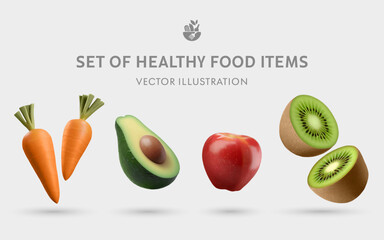 A Set of Healthy Food 3D Vector Props: Carrot, Avocado, Apple, Kiwi