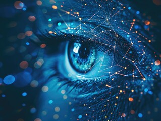  Image featuring an eye in dark blue hues with thin glowing lines and dots. The eye is portrayed as interacting with a complex medical network through, symbolizing advanced healthcare technology. AI