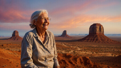 Wall Mural - Donna anziana sorride felice durante una vacanza nella Monument Valley negli Stati Uniti d'America