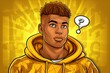 A stylized portrait of a thoughtful man in a yellow hoodie with a question mark bubble, conveying introspection or decision-making