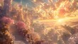 hyper-realistic heavenly kingdom made of light and diamond and a few accented colored-stones with much refraction and bending of light rays beaming through it from behind's sun-rise on gloriously brig