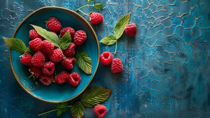 Poster - raspberries on a plate on a blue background space for text