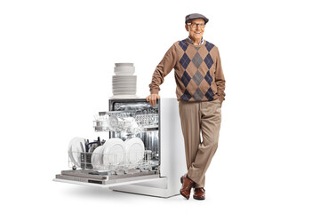 Sticker - Elderly man leaning on an open dishwasher with a pile of clean plates