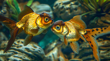 Two Goldfish Swimming Together In A Tank